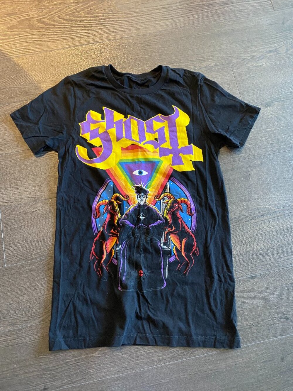 GHOST BAND T-SHIRT MUSIC MERCH Papa Cardinal Copia met Ram Rainbow Eye SMALL